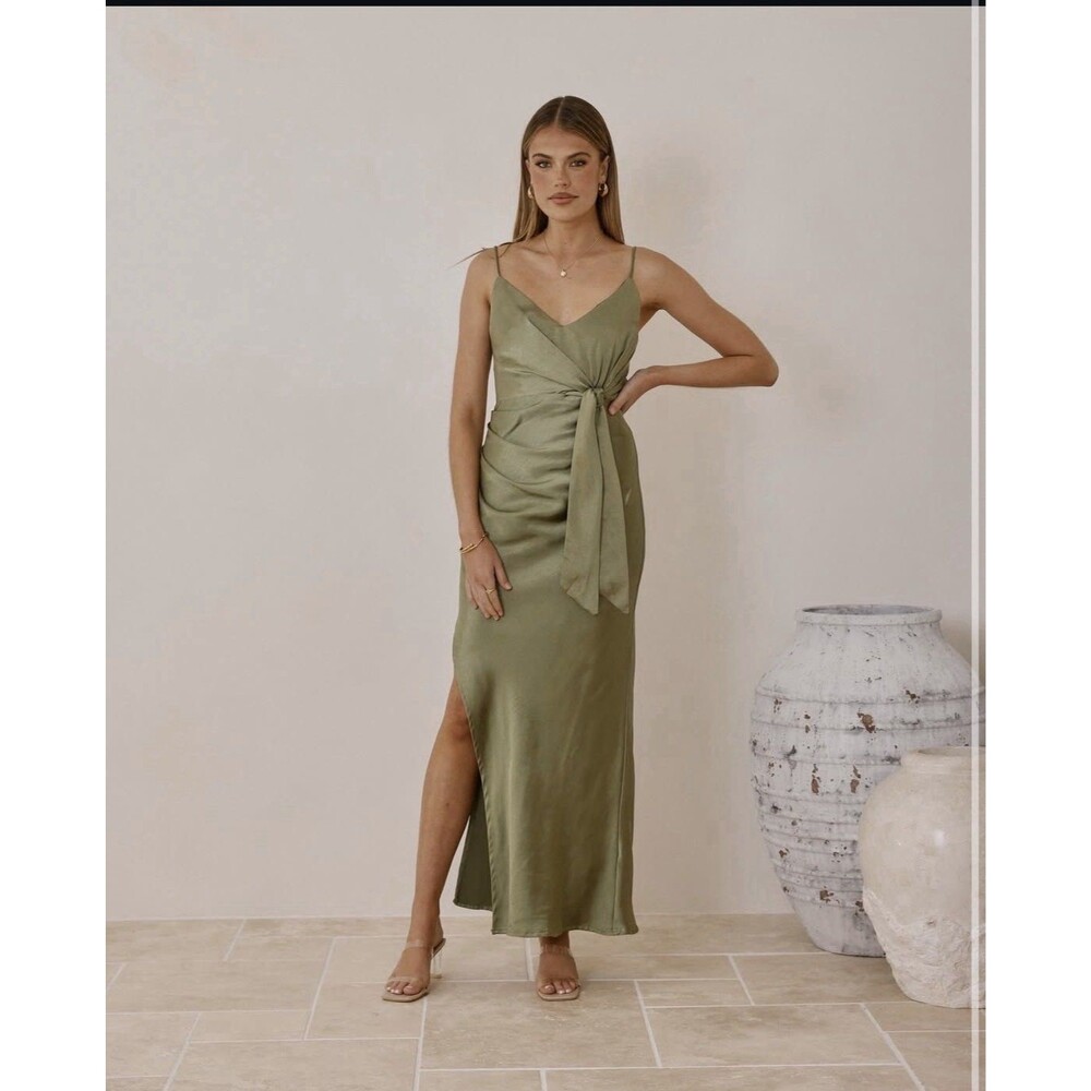 Billy J Yasmeen Tie Front Maxi Dress Size 12‎ Olive Green